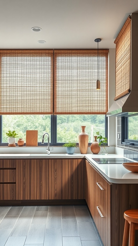 Modern kitchen with eco-friendly bamboo shades, showcasing a harmonious blend of natural materials and contemporary design.