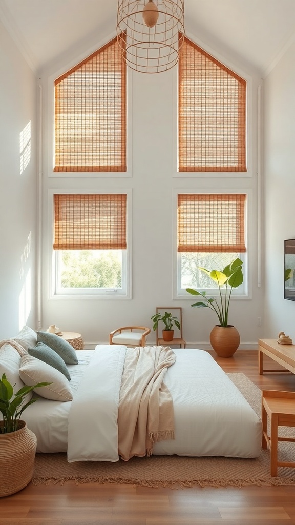 A bright living room featuring eco-friendly bamboo shades on large windows, with a cozy bed and plants.