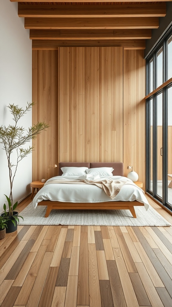 A cozy bedroom featuring bamboo tile flooring, wooden wall panels, and a comfortable bed.