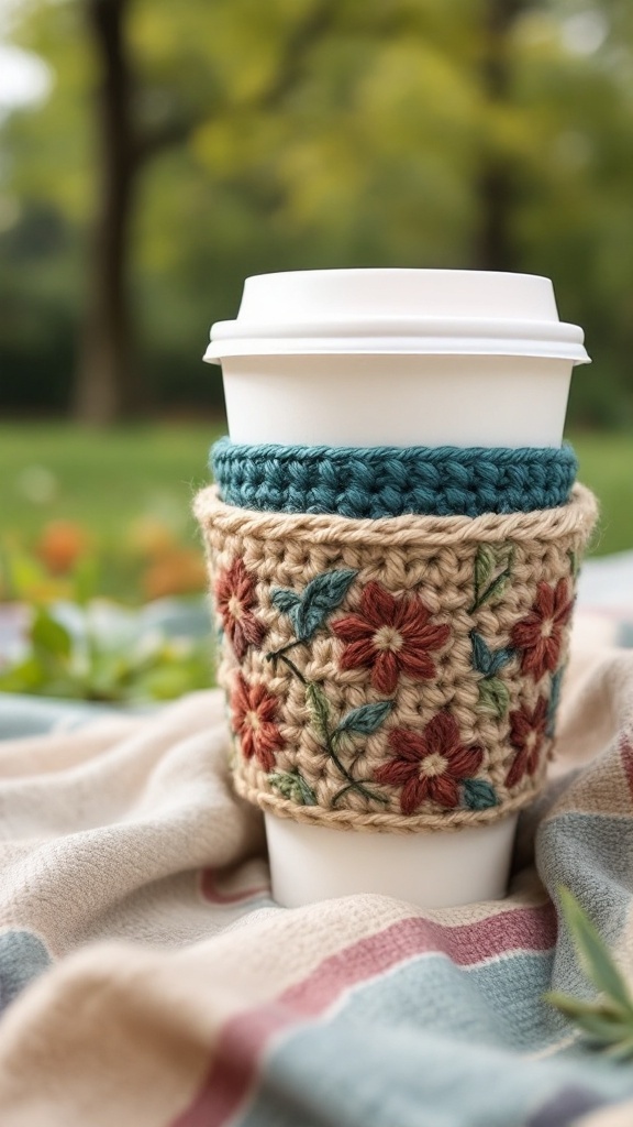 A crochet coffee cup sleeve with floral patterns on a white coffee cup, sitting on a cozy blanket outdoors.