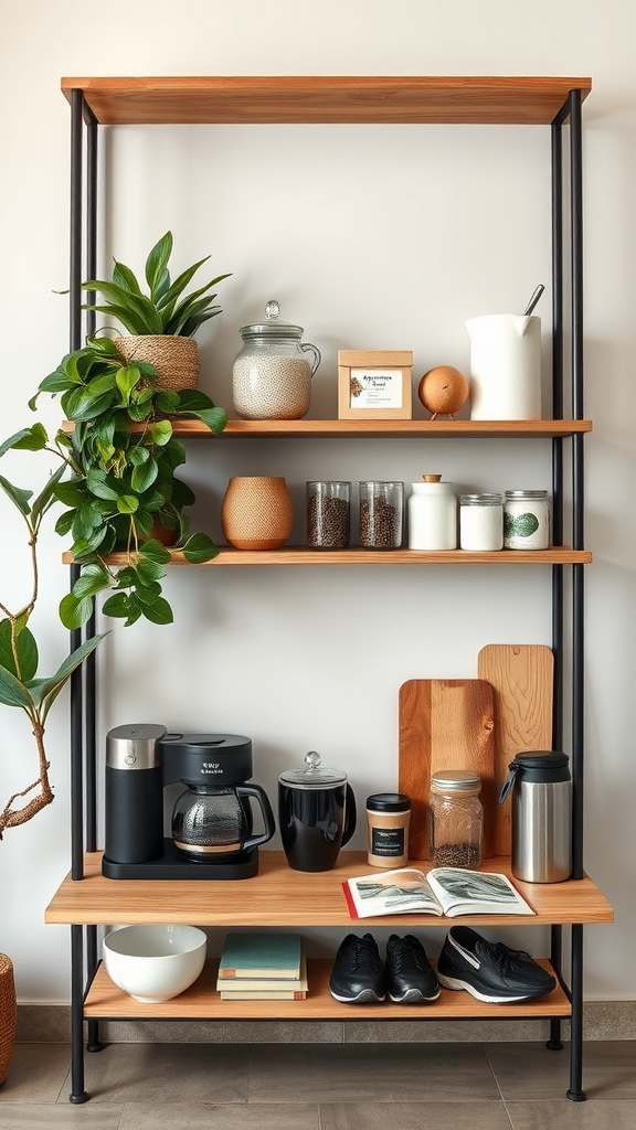 An eco-friendly coffee bar shelf with wooden and glass elements, featuring plants, coffee tools, and decorative jars.