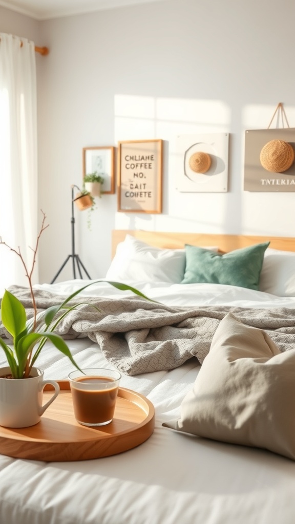A cozy coffee setup with a cup of coffee on a wooden tray and a small plant, creating an inviting atmosphere.