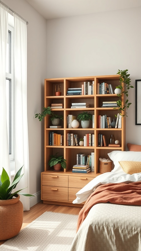 Eco-friendly corner bookshelf with books and plants in a cozy room