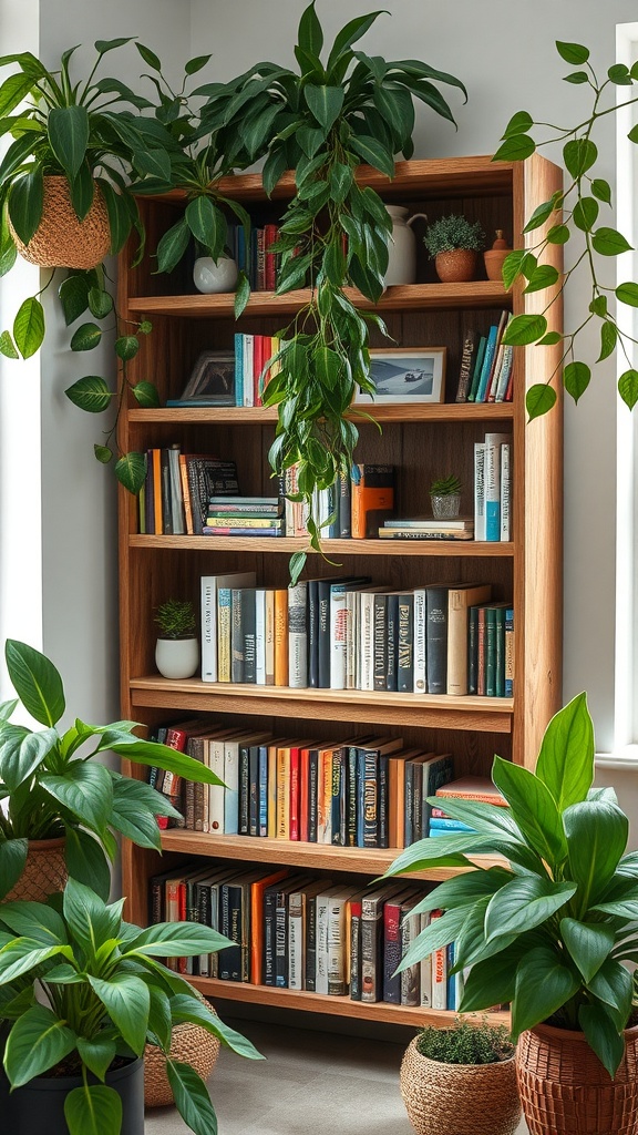 A corner bookshelf made of wood, filled with books and surrounded by indoor plants.