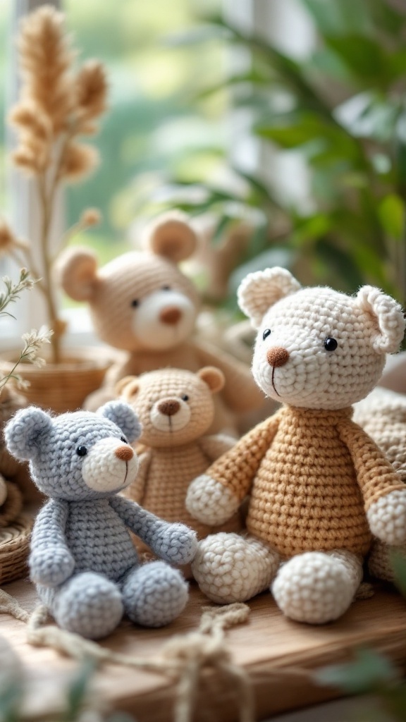 Crocheted cotton baby toys in the shape of bears in various colors