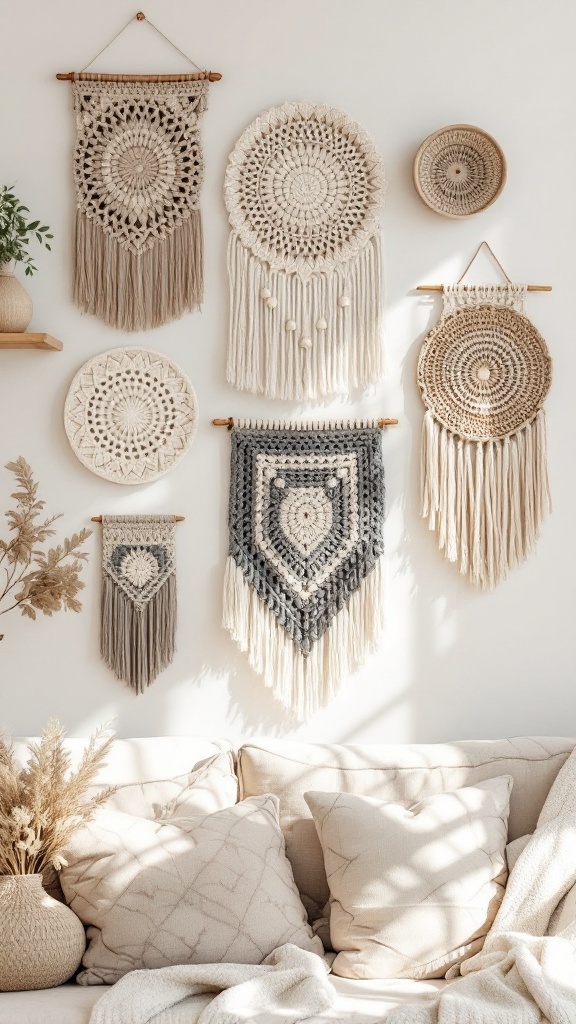 A collection of eco-friendly crochet wall hangings in neutral tones, displayed on a light wall next to a couch.