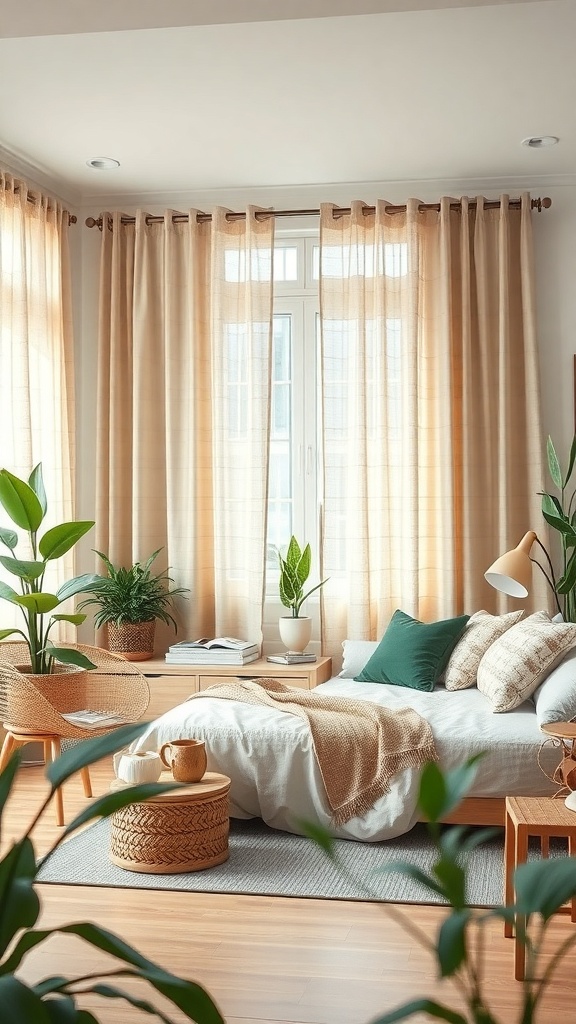 A bright living room featuring light curtains, plants, and a cozy bed.