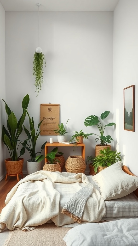 A cozy bedroom for two sisters featuring plants, a wooden nightstand, and soft bedding.