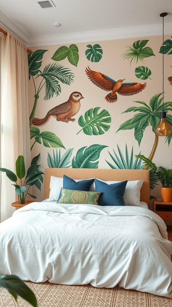 A jungle-themed bedroom featuring a mural of birds and tropical leaves, with a cozy bed and indoor plants.