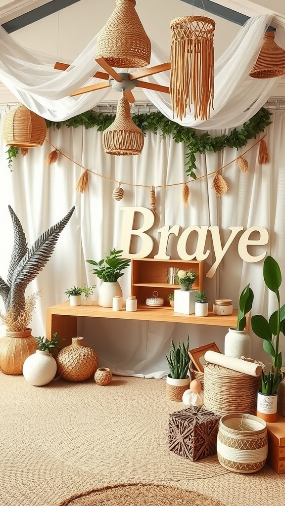 A boho baby boy shower setup featuring woven baskets, potted plants, and soft textiles.