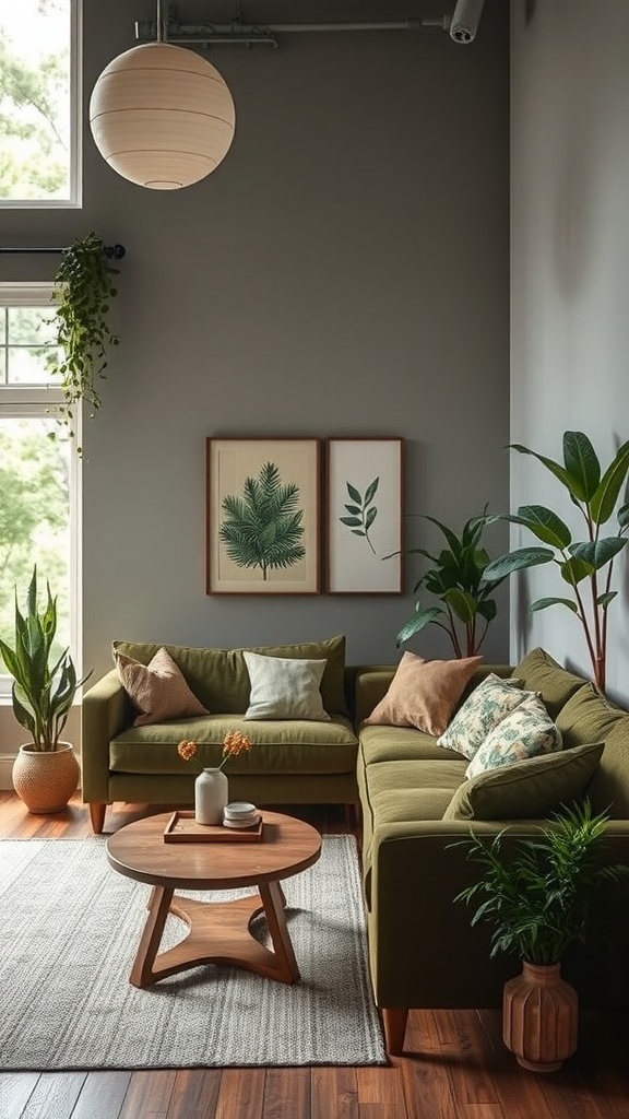 Eco-friendly living room featuring an olive green couch, wooden table, and indoor plants.