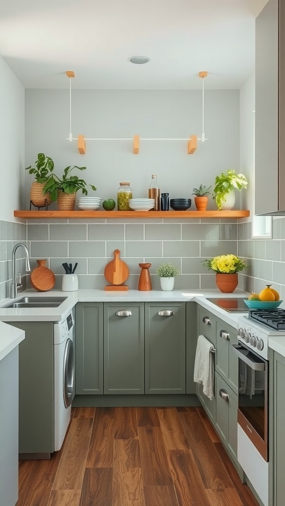 A stylish mini kitchen with green cabinets, open shelving, and plants, showcasing eco-friendly design elements.