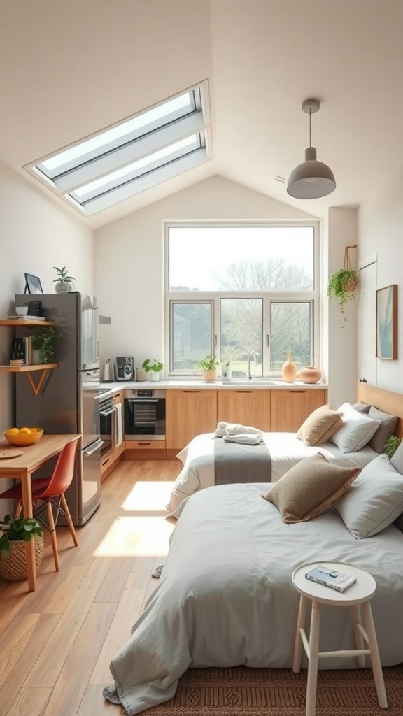 A bright kitchen extension with skylights, wooden cabinetry, and indoor plants.