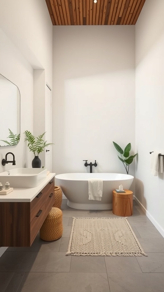 A modern eco-friendly bathroom featuring a wooden ceiling, a large bathtub, and plants.