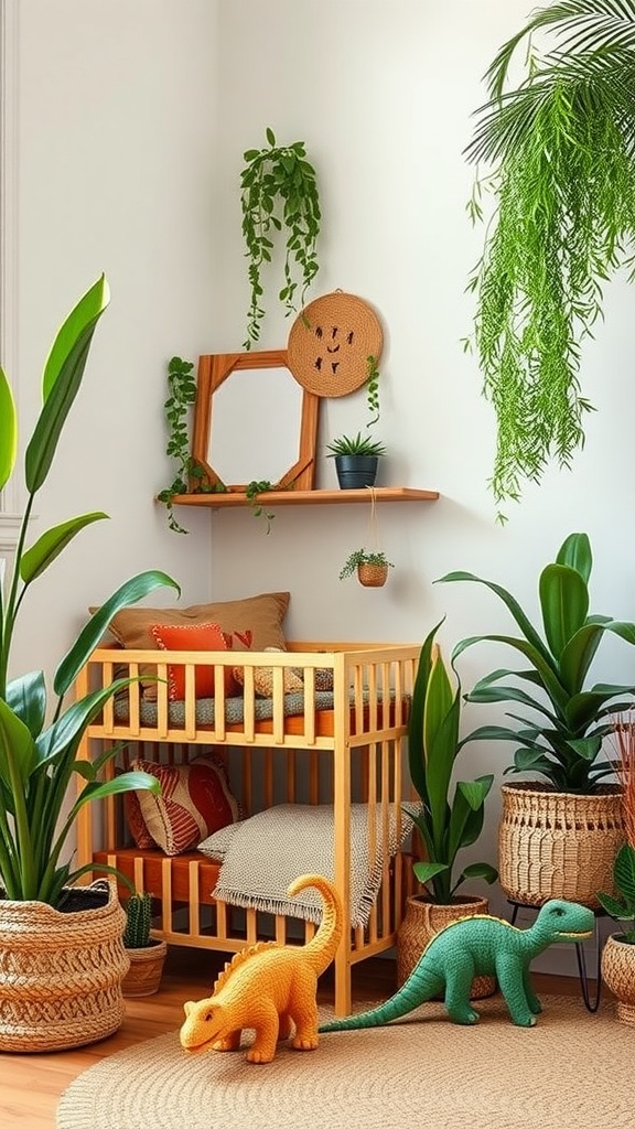 Eco-friendly dinosaur nursery decor with a wooden crib, colorful dinosaur toys, and lush plants.