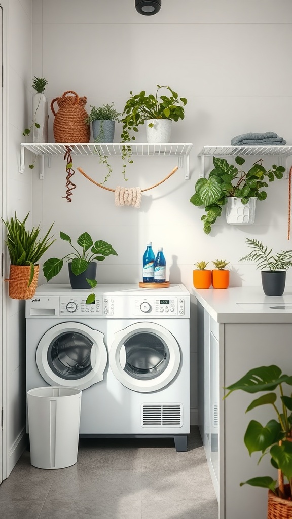 A bright laundry room with two washing machines, plants on shelves, and a clean, organized layout.