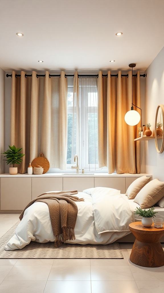 A cozy kitchen with eco-friendly curtains, showcasing natural colors and a warm atmosphere.