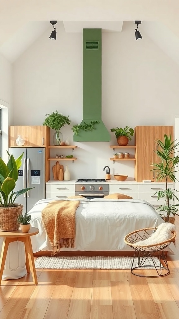 A modern kitchen featuring a green chimney, wooden shelves, and plants, showcasing eco-friendly design.