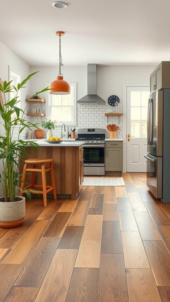 A stylish kitchen featuring warm wood flooring, modern appliances, and a cozy atmosphere.