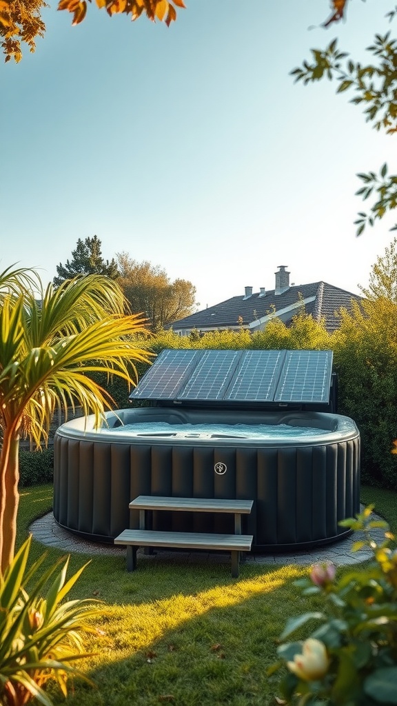 An inflatable hot tub in a backyard with solar panels on top, surrounded by greenery.