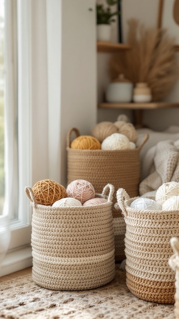 Crochet jute storage baskets filled with colorful yarns, placed near a window