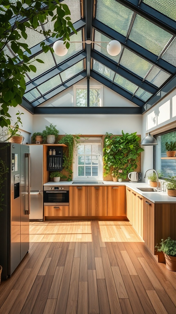 Bright and eco-friendly kitchen extension featuring wood elements and plants.