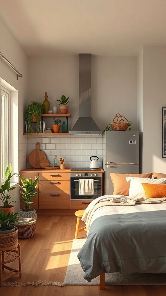A cozy kitchen area with wooden cabinets, plants, and modern appliances