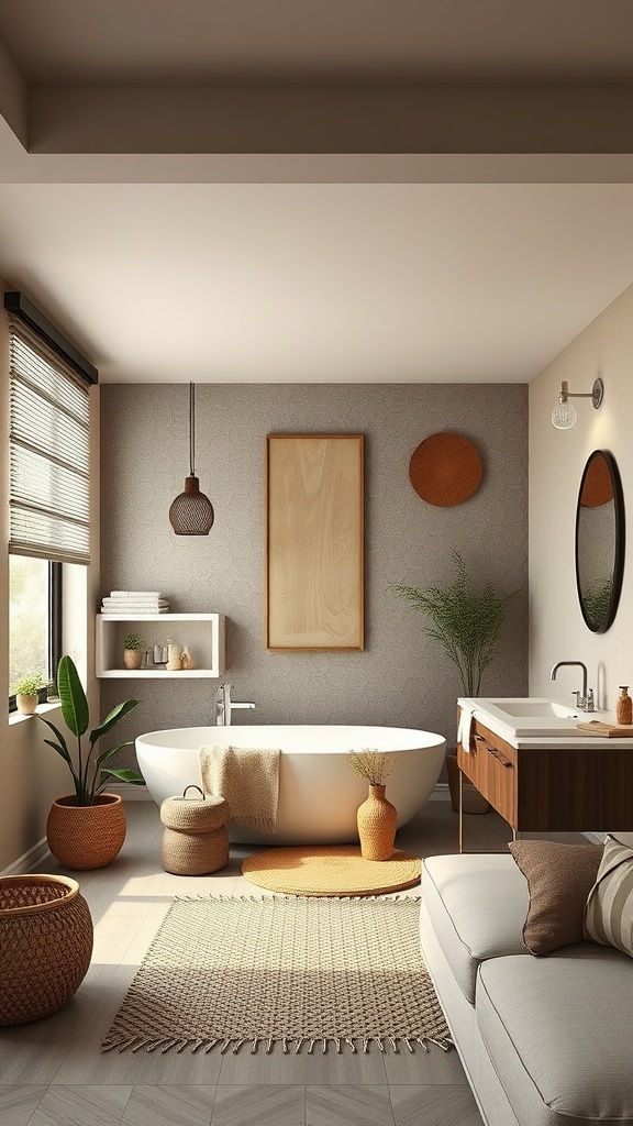 A modern earthy bathroom with natural lighting, featuring a bathtub, plants, and eco-friendly decor.