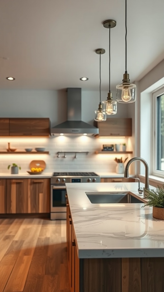 A modern kitchen with wooden cabinets and eco-friendly pendant lighting over the island.