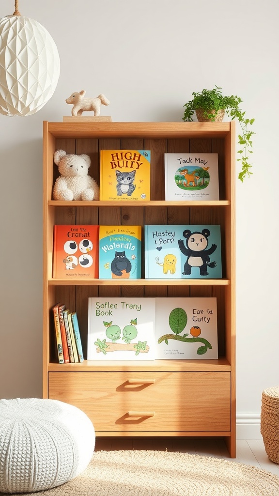 A wooden nursery bookshelf filled with colorful children's books, plush toys, and a small plant.