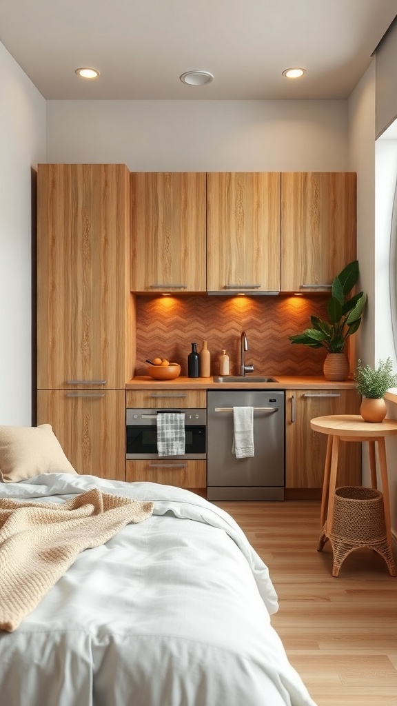 A cozy mini kitchen with wooden cabinets, stainless steel appliances, and a plant, showcasing eco-friendly materials.