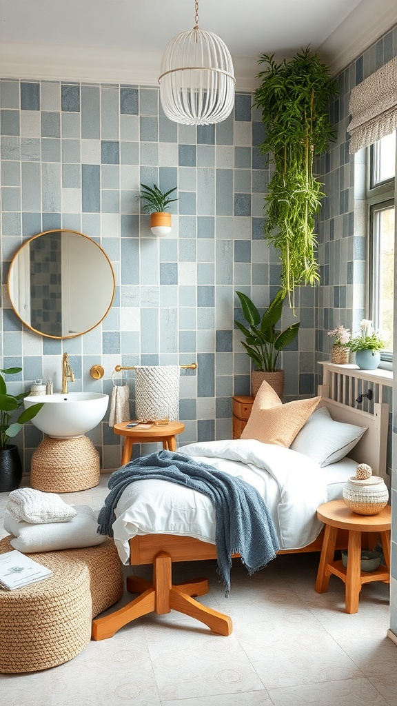 A stylish unisex kids bathroom featuring eco-friendly materials, blue tiled walls, natural wood furniture, and plants.