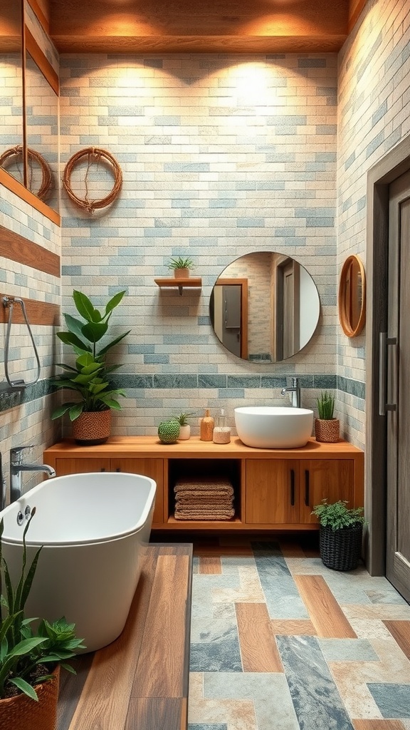 A modern bathroom featuring eco-friendly materials and a calming green and blue color palette.