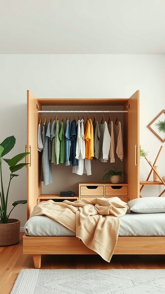 Eco-friendly open wardrobe with colorful shirts and plants in a bedroom