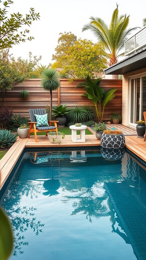 A small backyard pool surrounded by plants, showcasing an eco-friendly design with wooden decking and cozy seating.