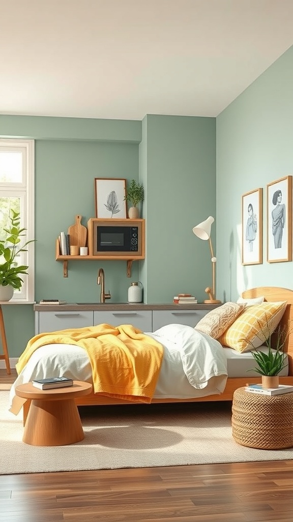 A cozy green kitchen with wooden accents and warm decor.