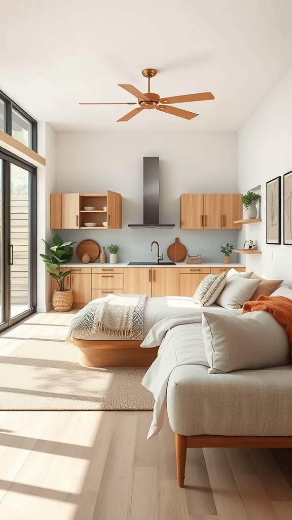 A modern kitchen with wooden cabinets and a cozy living area, featuring a pass-through design.