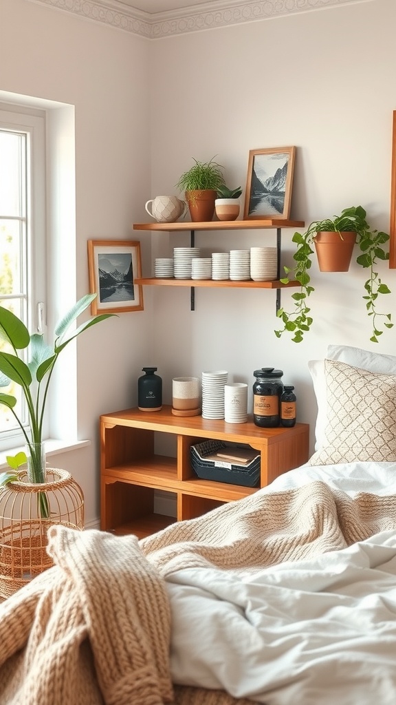 A cozy coffee station with wooden shelves, plants, and neatly arranged coffee supplies.