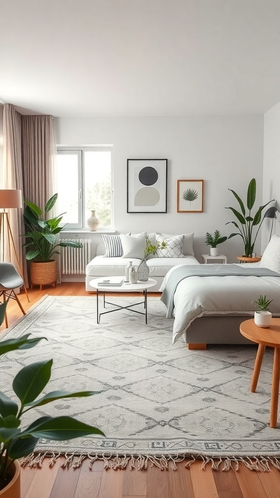 A cozy living room featuring an eco-friendly rug, plants, and natural light.