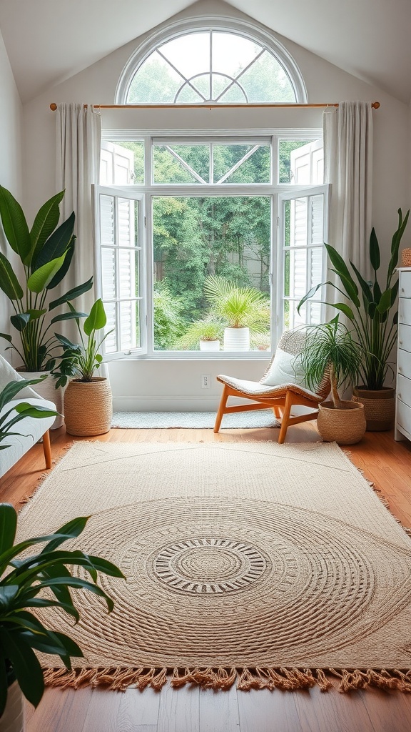 A cozy living room featuring an eco-friendly rug, large windows, and indoor plants.