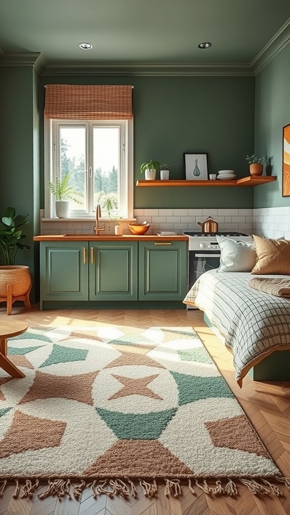 A cozy kitchen featuring a green color scheme, wooden accents, and an eco-friendly rug with geometric patterns.