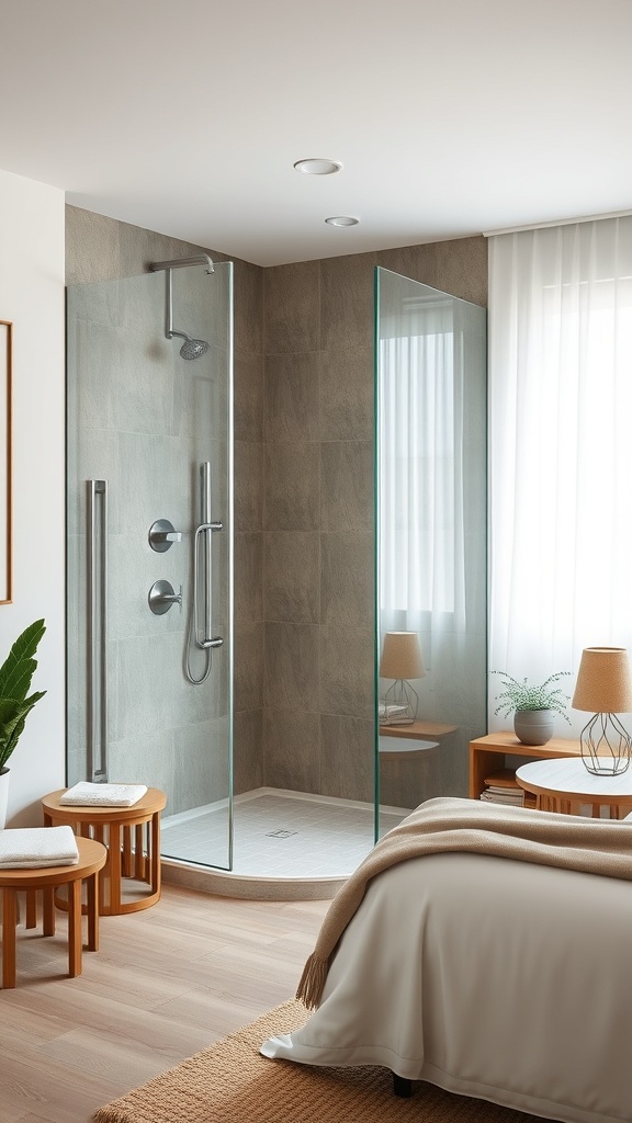 A modern walk-in shower with glass walls, showcasing eco-friendly fixtures and a stylish design.