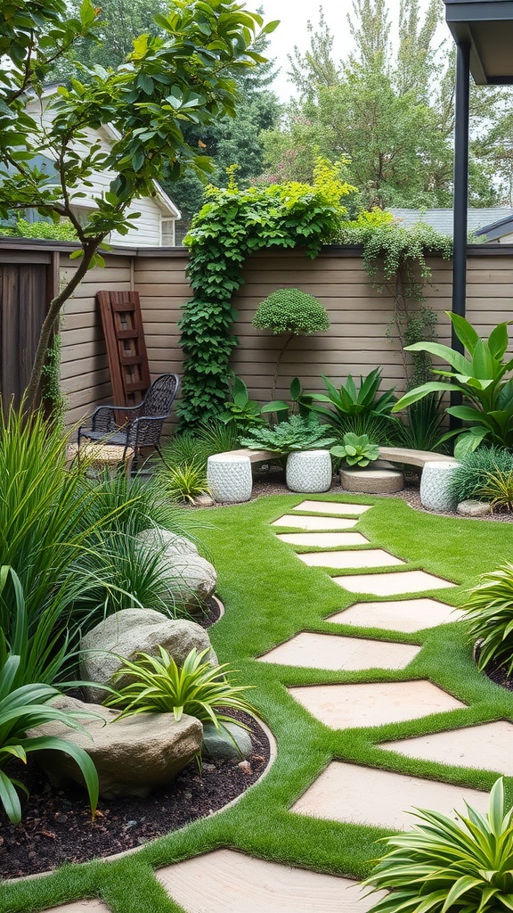 A lush backyard with eco-friendly turf, stone pathways, and vibrant plants.