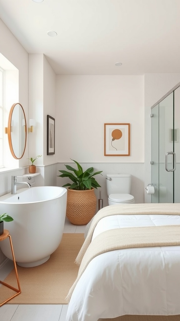A modern bathroom featuring a freestanding tub, plants, and neutral decor.