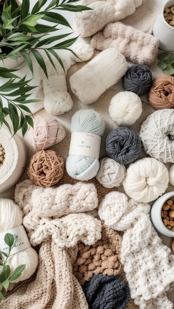A variety of eco-friendly yarns in different colors and textures, laid out on a neutral background.