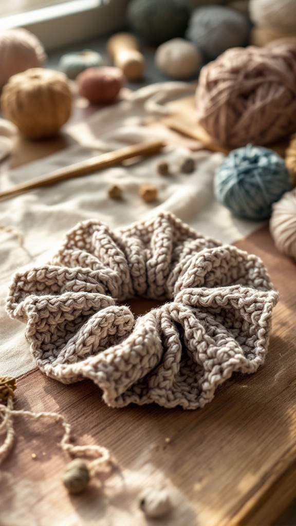 Crochet scrunchie on a wooden table with various yarns and crafting tools in the background.