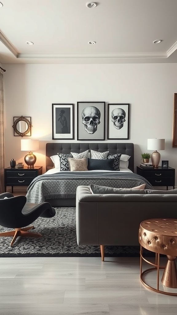 Stylish living room featuring skull artwork, dark furniture, and metallic accents