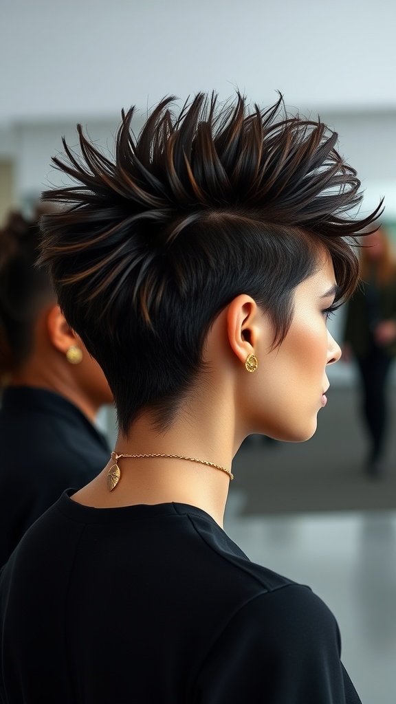 A person showcasing an edgy faux hawk hairstyle with short shaved sides and spiked hair on top.