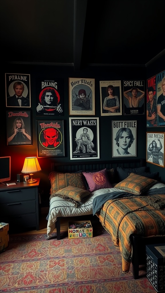 A cozy teen girl's bedroom with a grunge aesthetic featuring vintage posters, textured bedding, and a warm lamp.