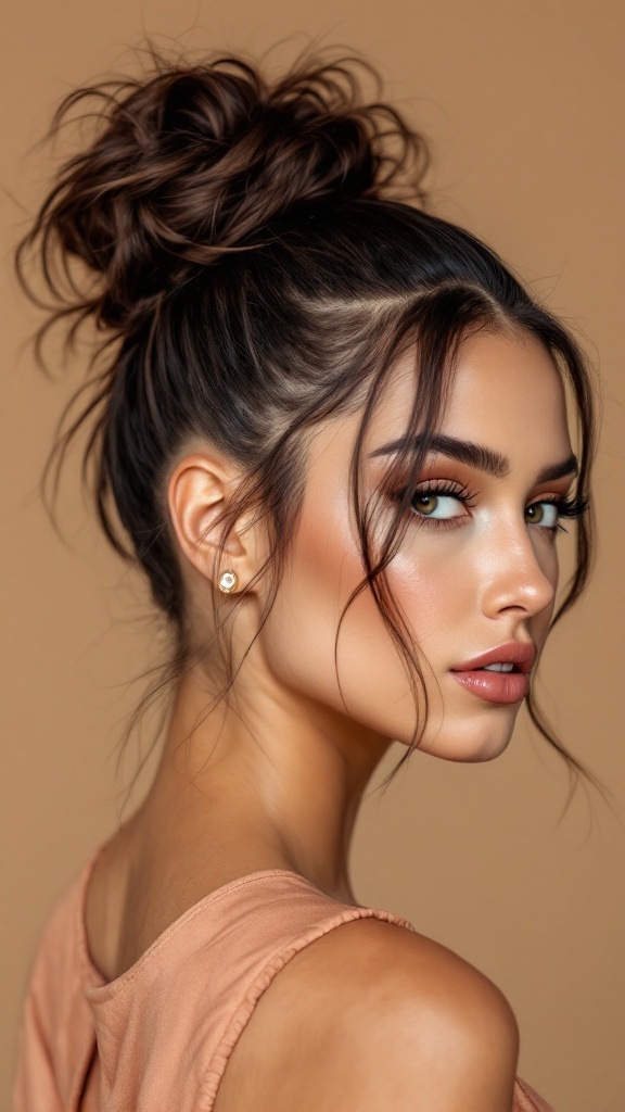 A stylish woman with an edgy half up half down bun hairstyle featuring an undercut.